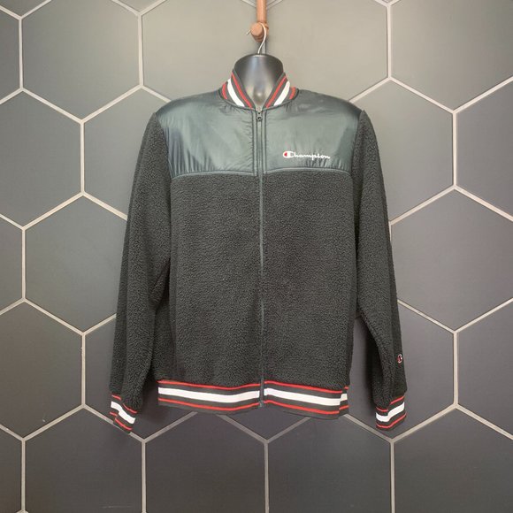 -Used! Mens Champion Black Striped Zip Up Fall Winter Warm Sherpa Size L - Picture 1 of 4